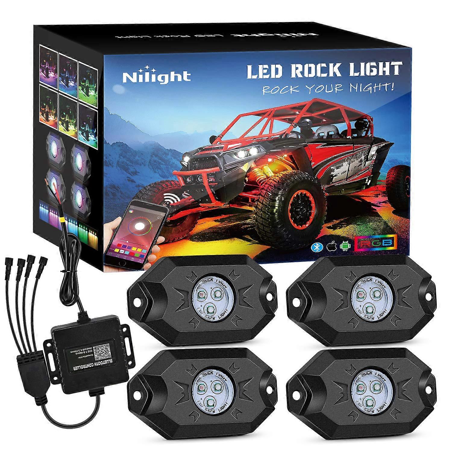 RGB LED Rock Lights Kit - 4 Pod Multicolor Wheel Well Underglow Light with Bluetooth Control for Truck ATV UTV RZR SUV