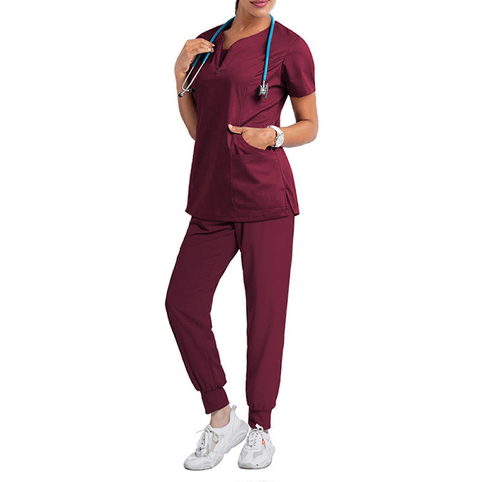 Femmes Uniforme Médical Blouses Set Infirmière Médecin Esthéticienne-Vêtements de travail Haut de gommage extensible et pantalon de jogging avec poches M Claret