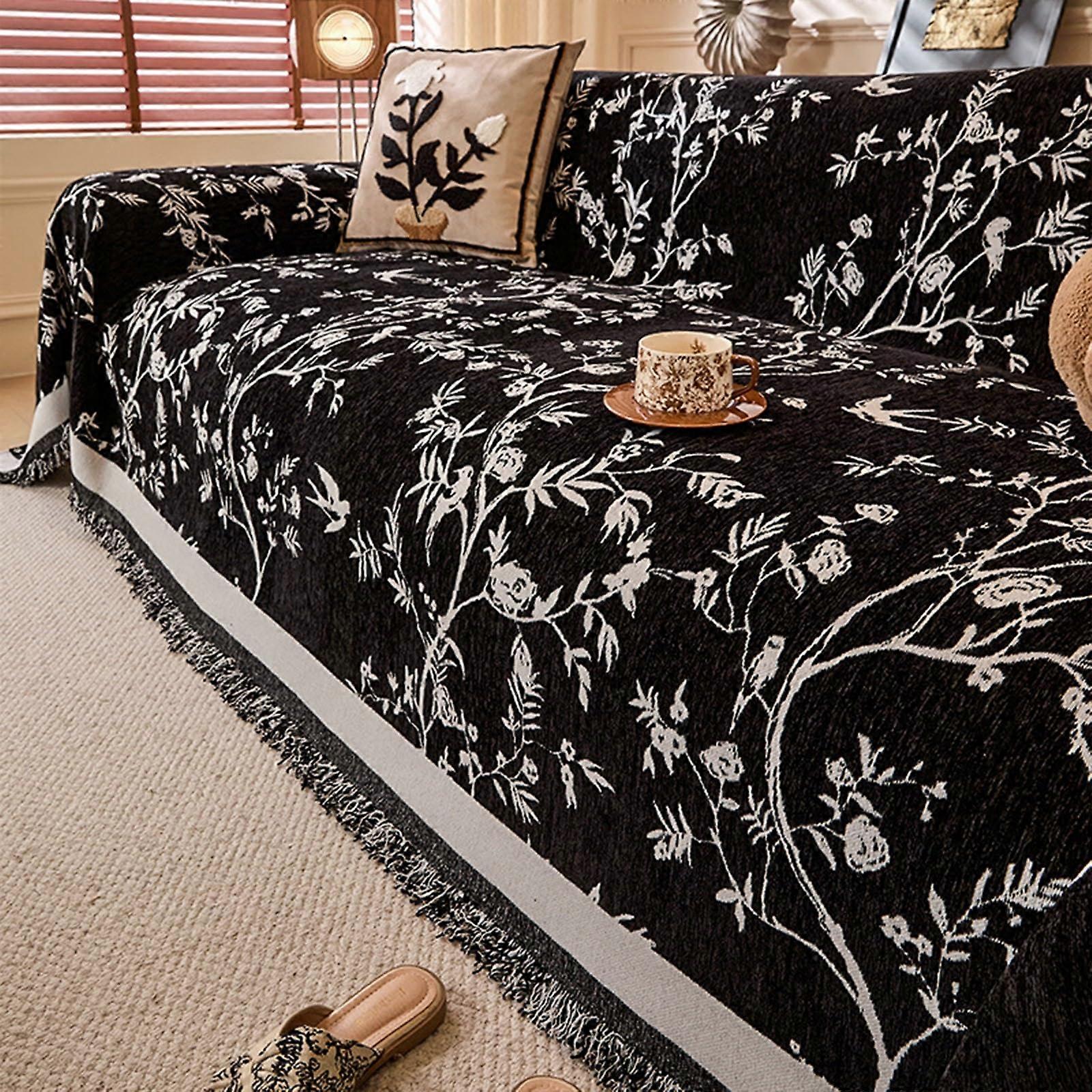 Sofa Cover Black 180 x 340 cm, Soft Non-Slip Throw Blanket with Tassels, Furniture Protector for Sofas