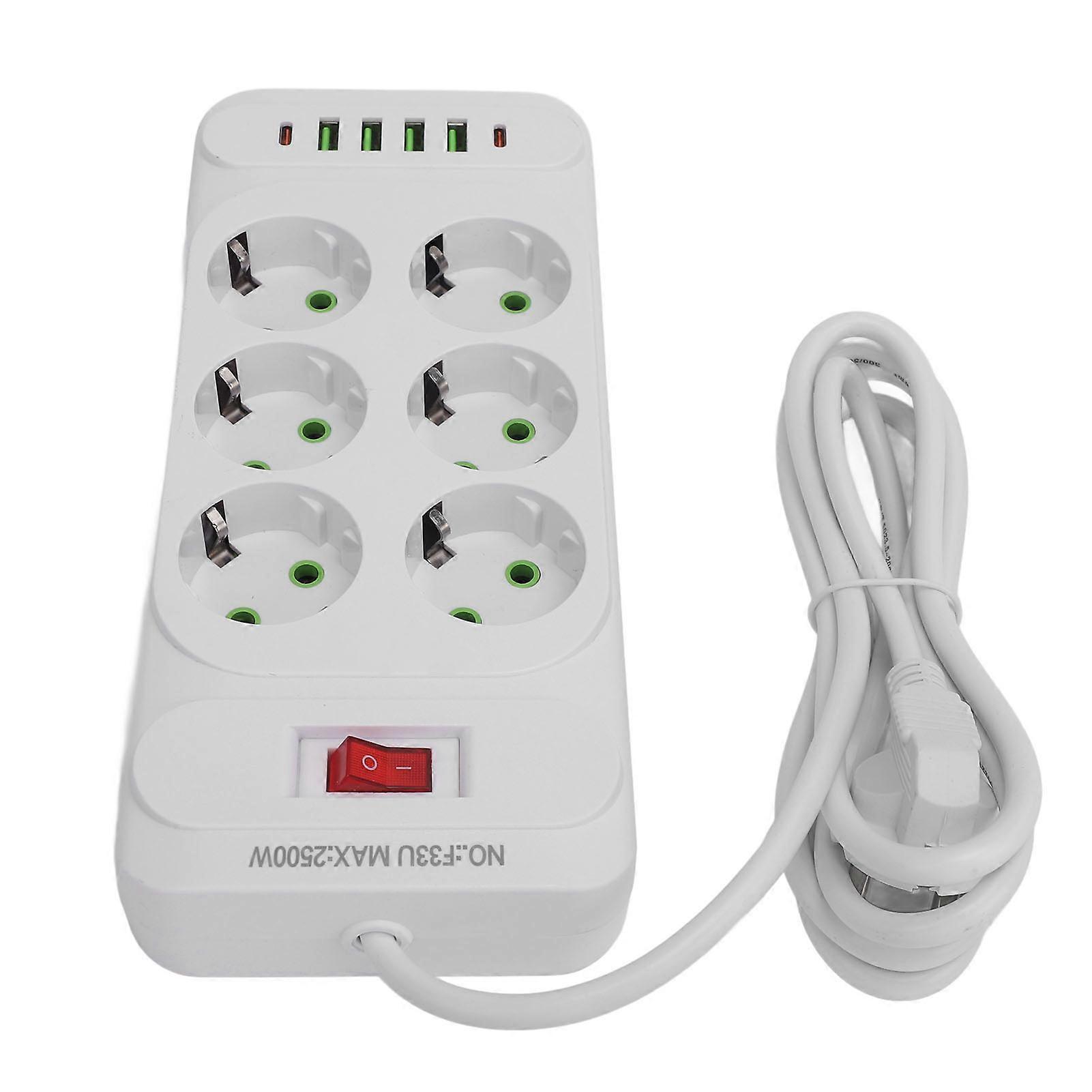 Power Strip 6 Outlets 4 USB 2 Type C Ports Wall Mountable Power Socket with Switch and 2m Extension Cable