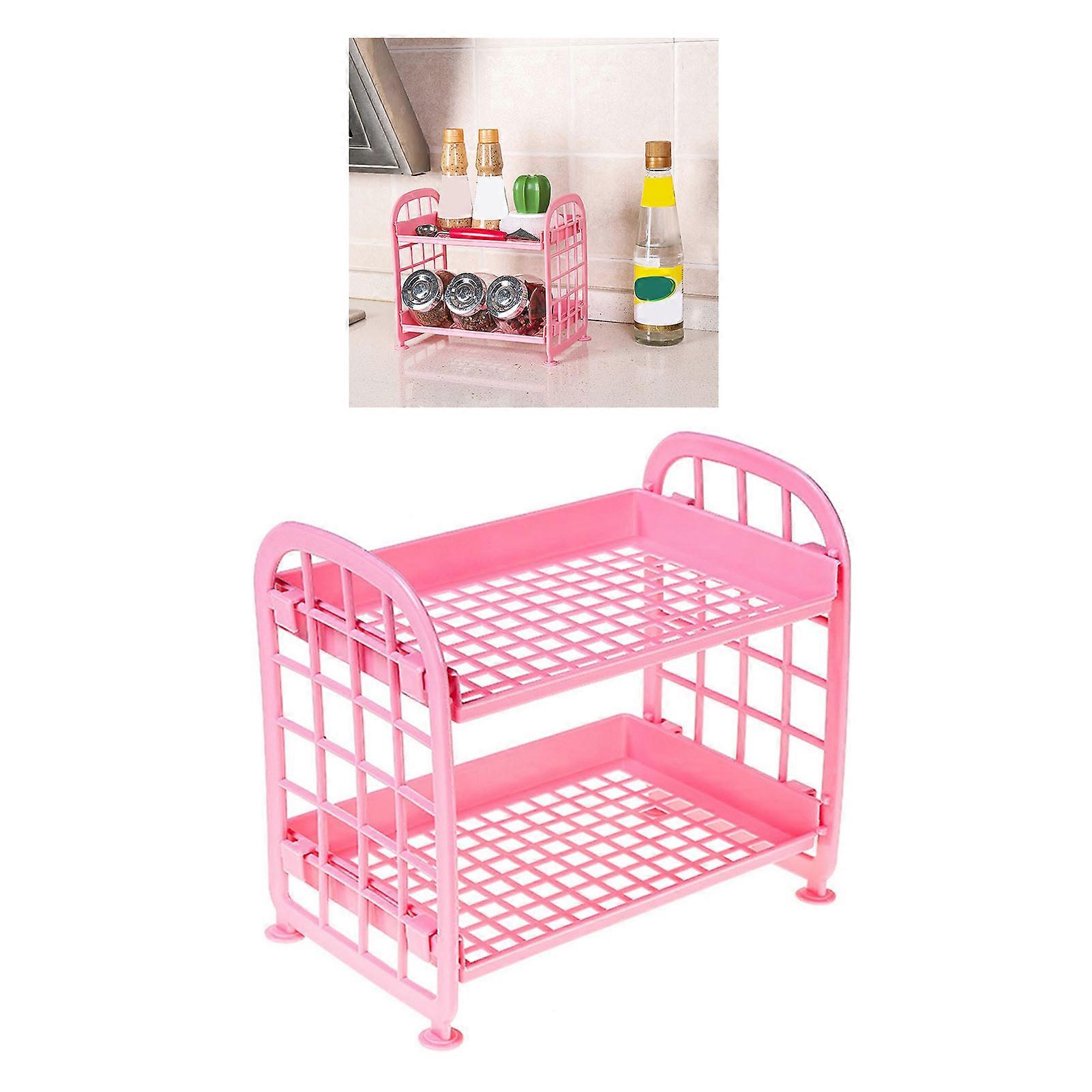 Double Layer Desk Rack Hollow Out Space Saving 2 Tier Desktop Storage Holder for Cosmetics Makeup Tools Pink 