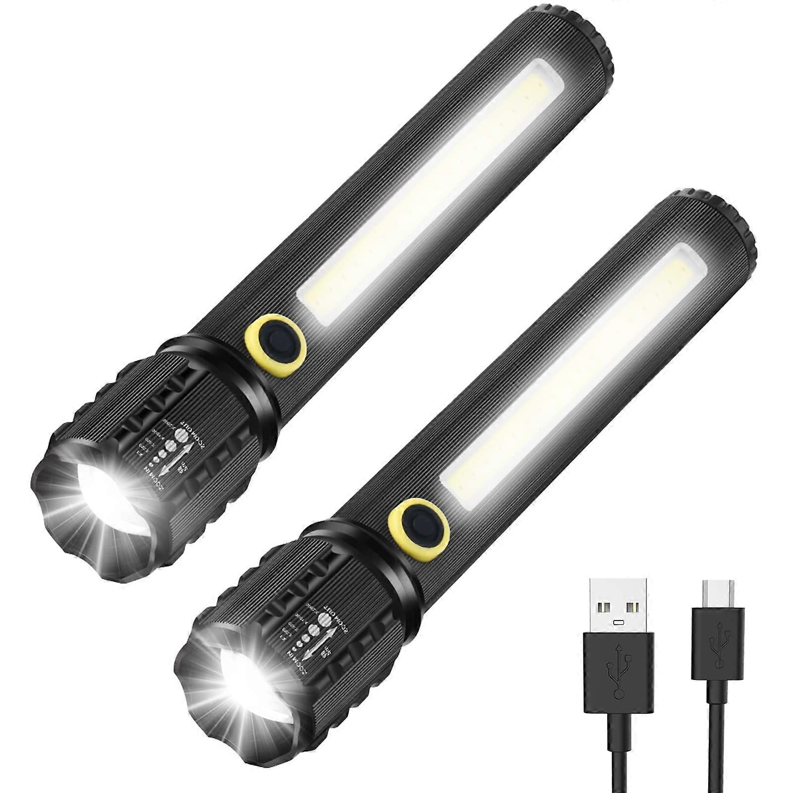 LED Flashlight, 2 Pack Flashlight，Adjustable and Zoomable Bright Flashlights, Emergency Rechargeable LED Flashlight, 16cm (AAA)