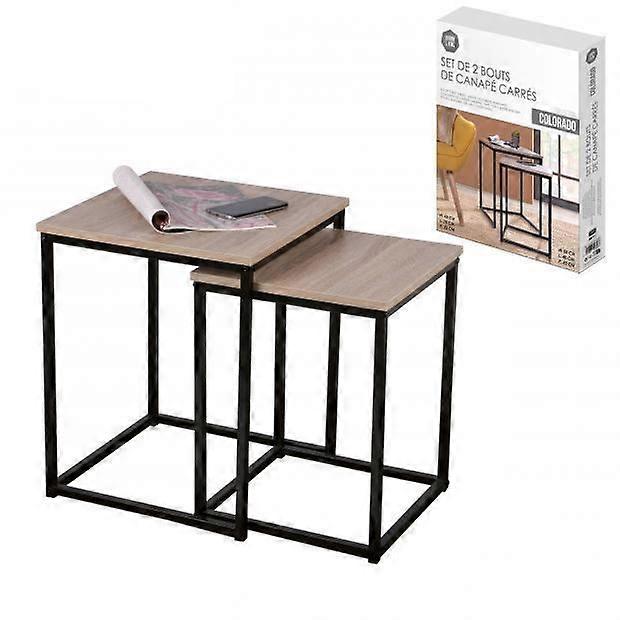Set of 2 Square Table Black Metal Top MDF