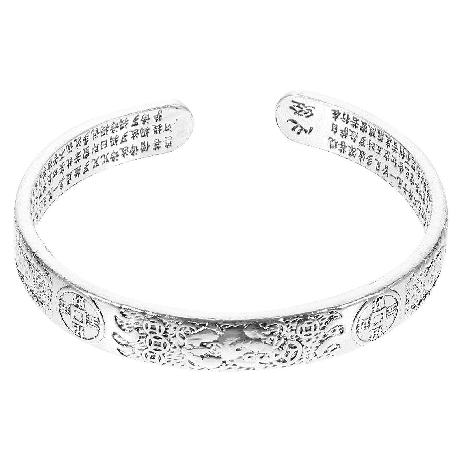 Vintage Thai Silver Pi Yao Open Cuff Bangle with Buddhist Charm Feng Shui Lucky Alloy Spiritual Wristband for Men and Women