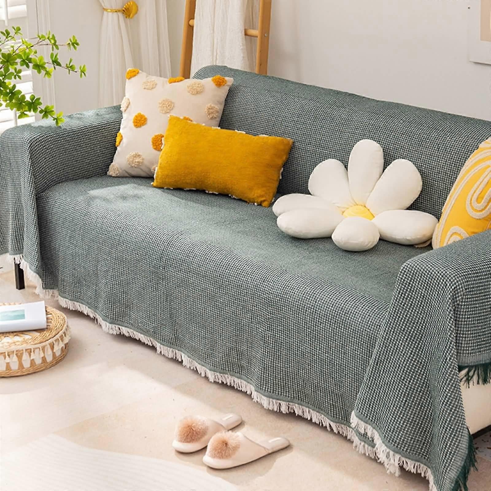 Green sofa cover, polyester blanket couch solid color grid texture with tassel sofa cover 1 seater (180x180cm)