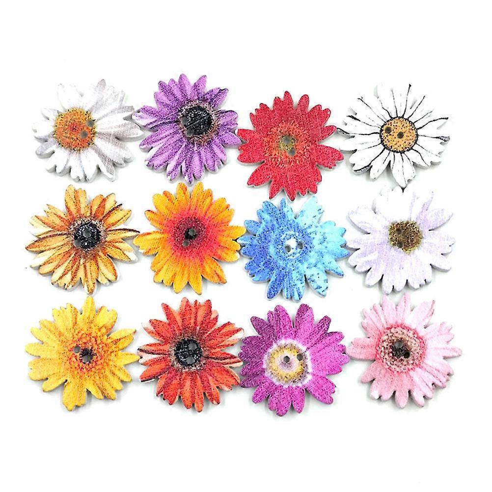 2 Pack Decorative Wooden Buttons, Chrysanthemum Design, White Base, for Sewing, Knitting, and DIY Crafting Projects