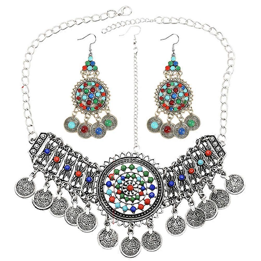 Retro Style Women chain Jewelry Set with Silver Alloy Headpiece and Adjustable Drop Earrings for Decoration 1 set