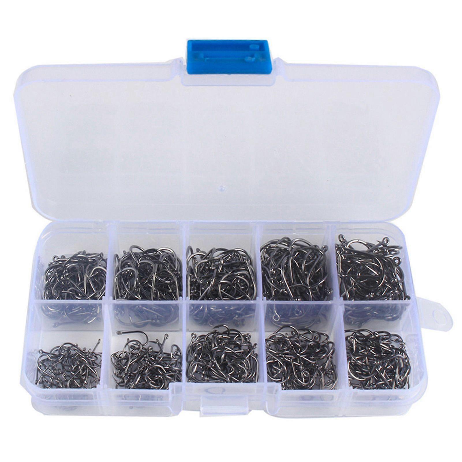 1000PCS Fishhooks Fish Hooks with Barbs 10 Sizes Carbon Steel Fishing Hooks with Portable Storage Box