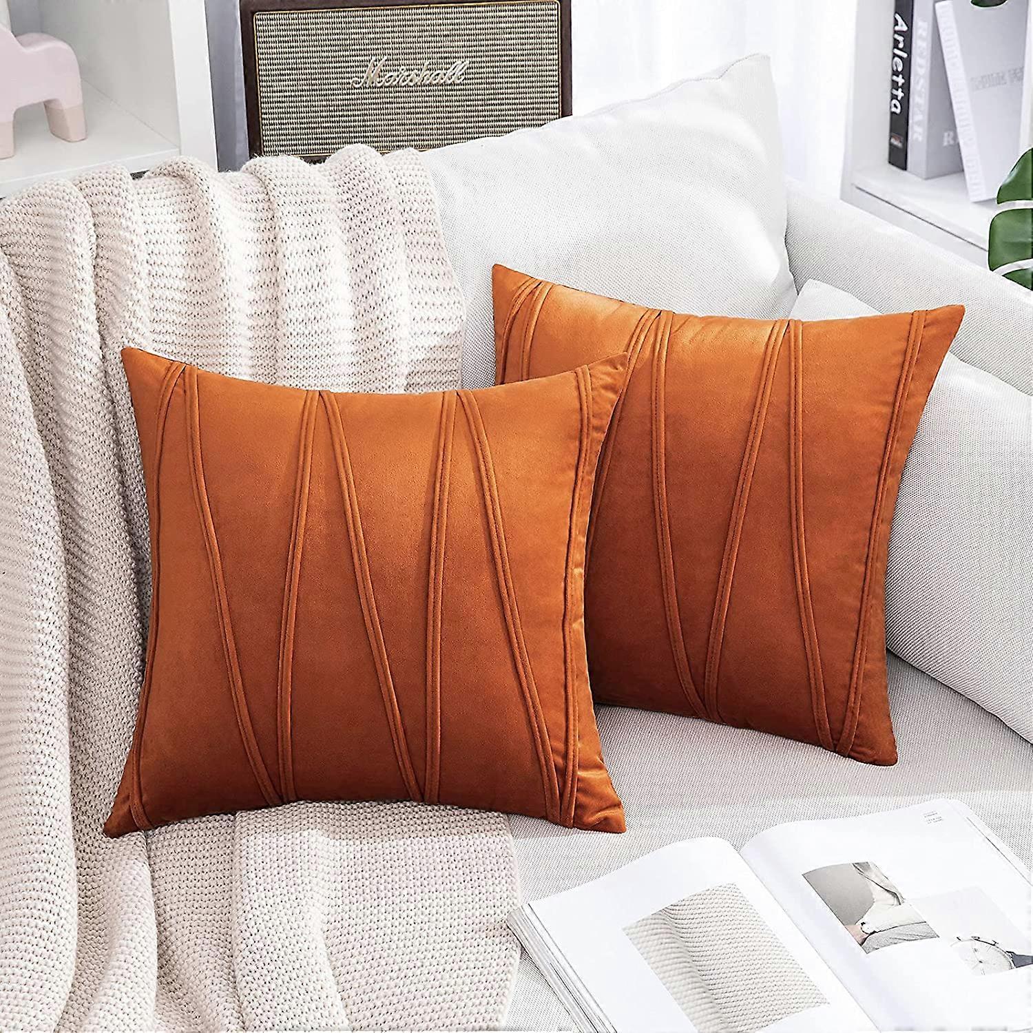 2 Boho Velvet Throw Pillow Decorative Soft Solid Outdoor Cushion For Couch Bed Sofa (inserts + Pillow Covers, Orange)