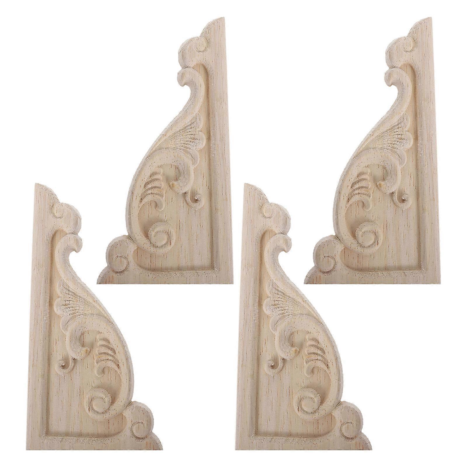 4Pcs Unpainted Wood Corner Onlay Appliques Decorative Enhancement For Furniture And Wall With Rectangular Shape And Natural Grain Wood Material