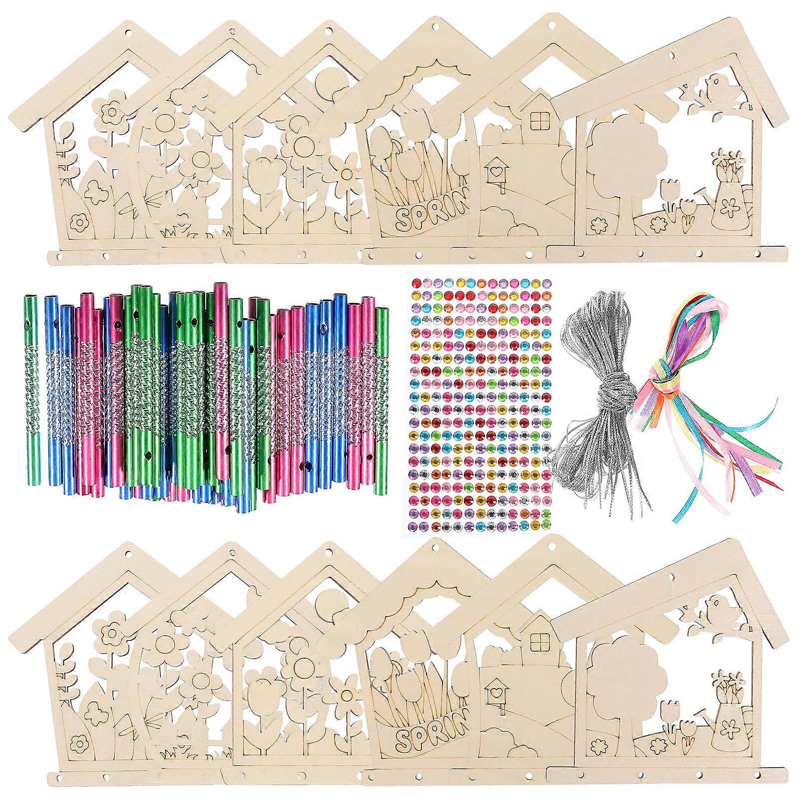 Wood Wind Chimes Unfinished Set for Decoration 3Sets with Colorful Tubes