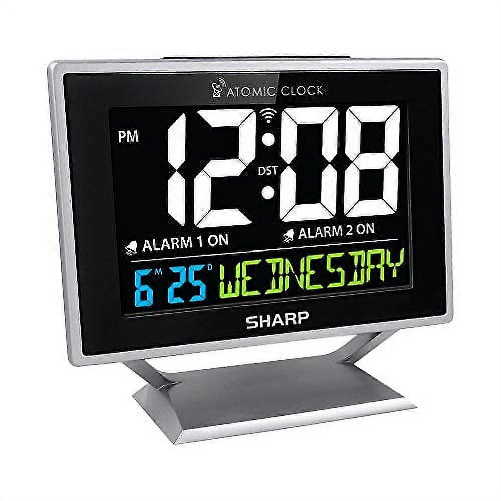 Compatible with Sharp Digital Atomic Alarm Clock Color Display Atomic Accuracy Day of Week Time/Date Silver