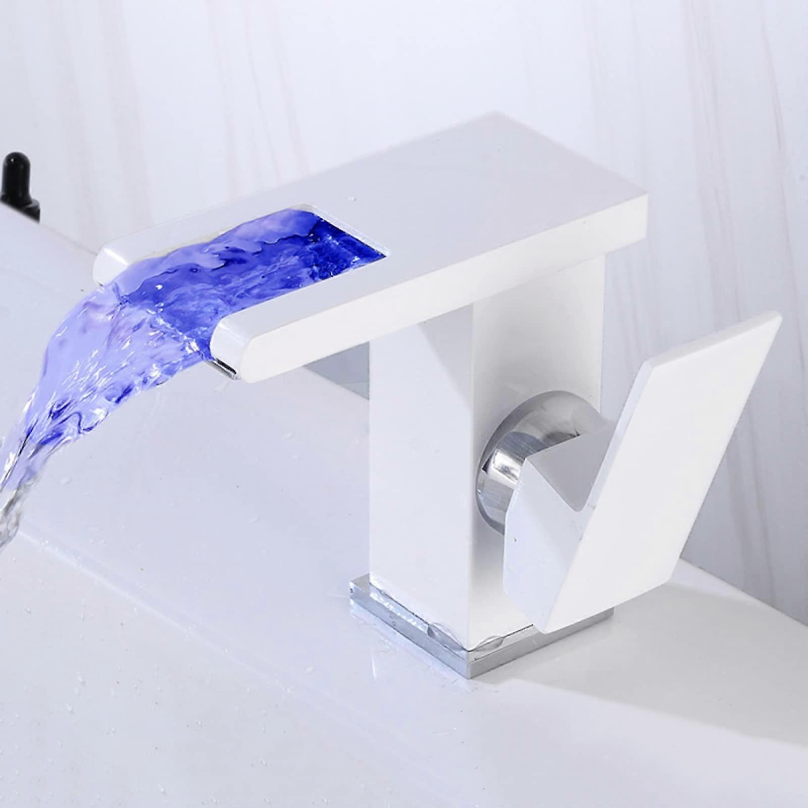 Waterfall Led Vanity Faucet, 3Color Changing, Brass Hot Cold Mixer, SingleHandle 1Hole Basin, White Commemoration Day