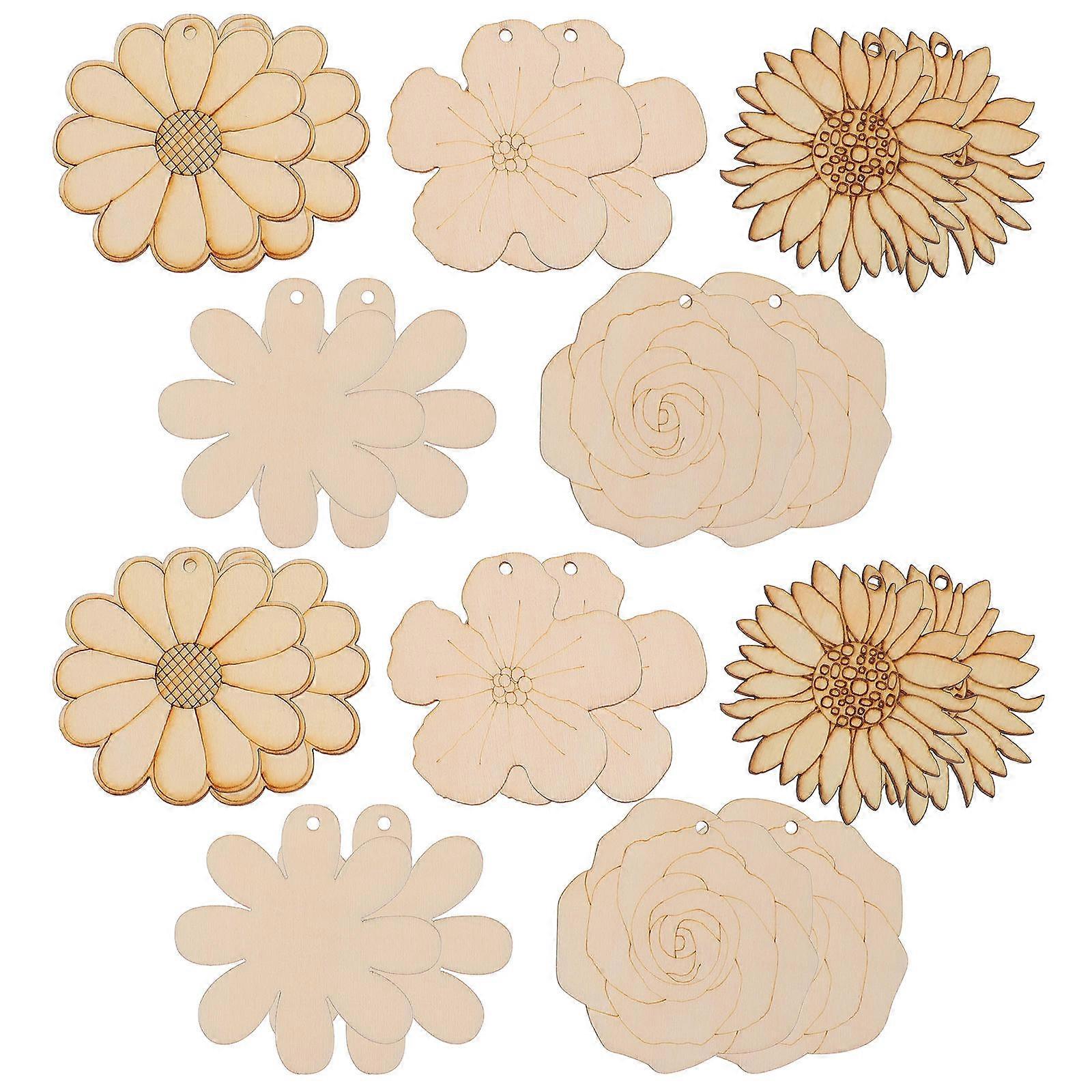 40 Pcs DIY Blank Charms Wooden Flower Ornaments For Children Art Projects And School Activities Style With Jute String