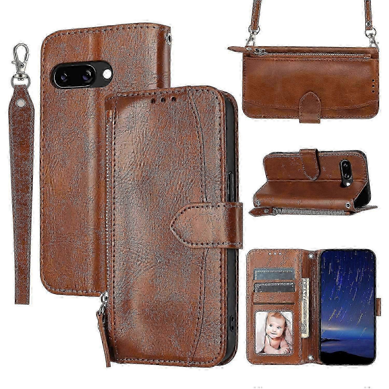 Stylish Black Leather Phone Case for Google Pixel 9a, Featuring a Zipper Pocket and Adjustable Crossbody Shoulder Strap