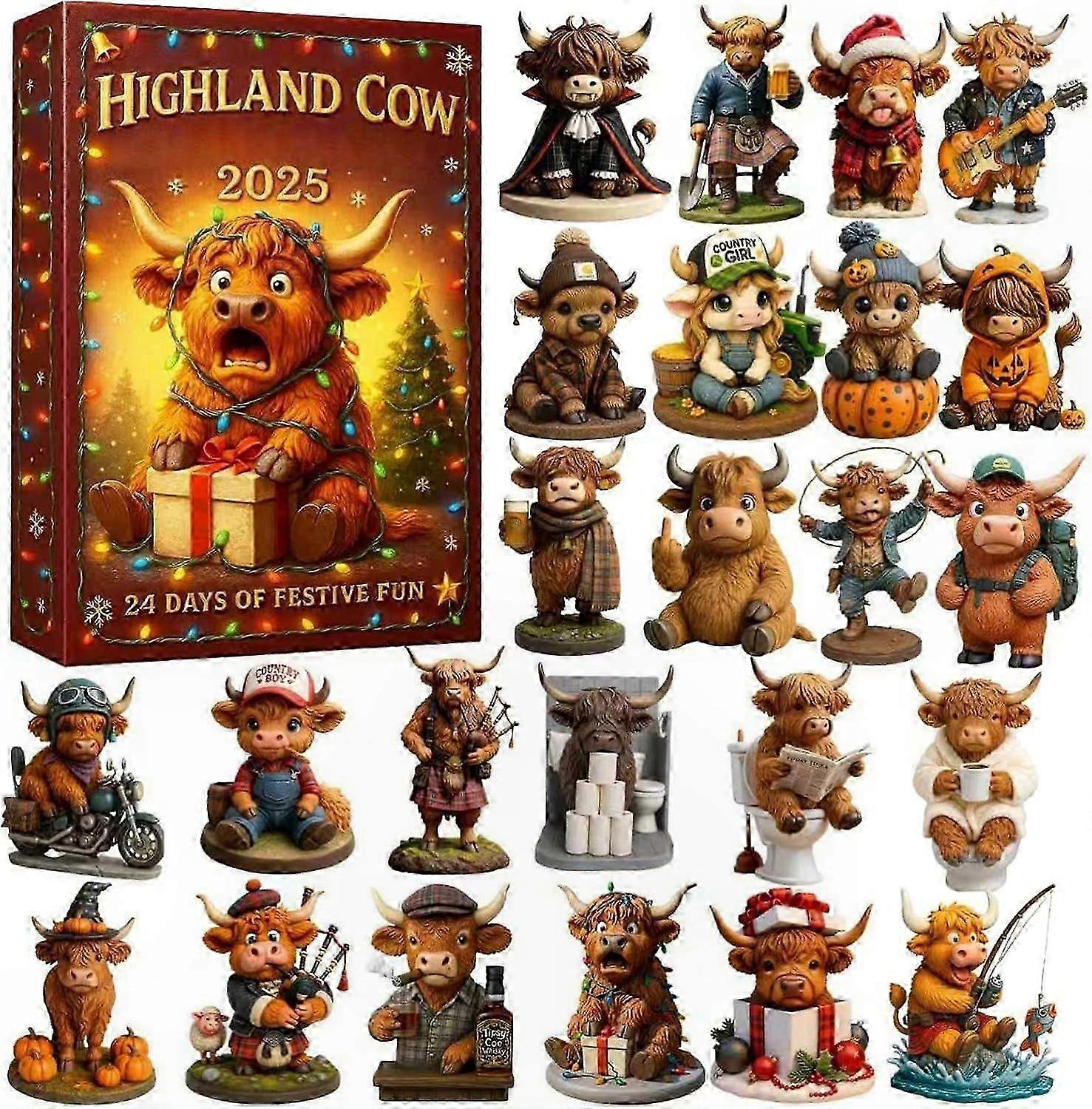 24-Day Christmas Advent Calendar with 3D Mini Highland Cow Decorations, Festive Countdown Calendar for Holiday Cheer