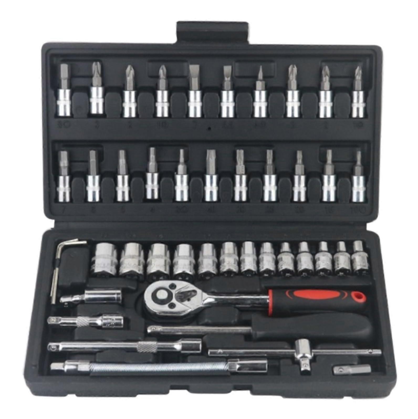 Hand Tool Sets OpenEnd Spanners, Sockets, Ratchet Wrenches, 46Piece Black Tool Kit For Car  And Home Garage