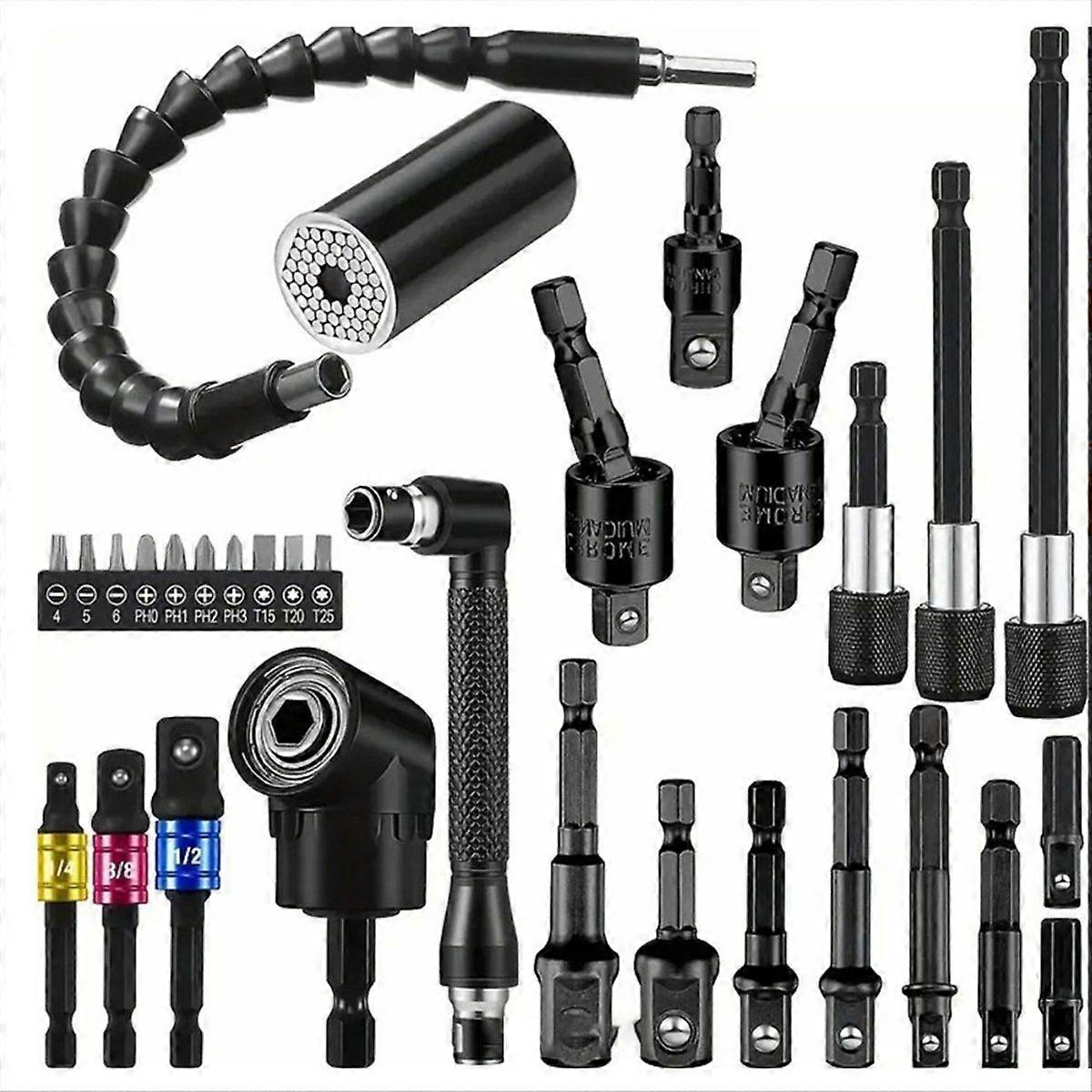 31PCS Flexible Drill Bit Extension Set Rotatable Socket Adapter Hex Shank 105 Right Angle Drill Sc