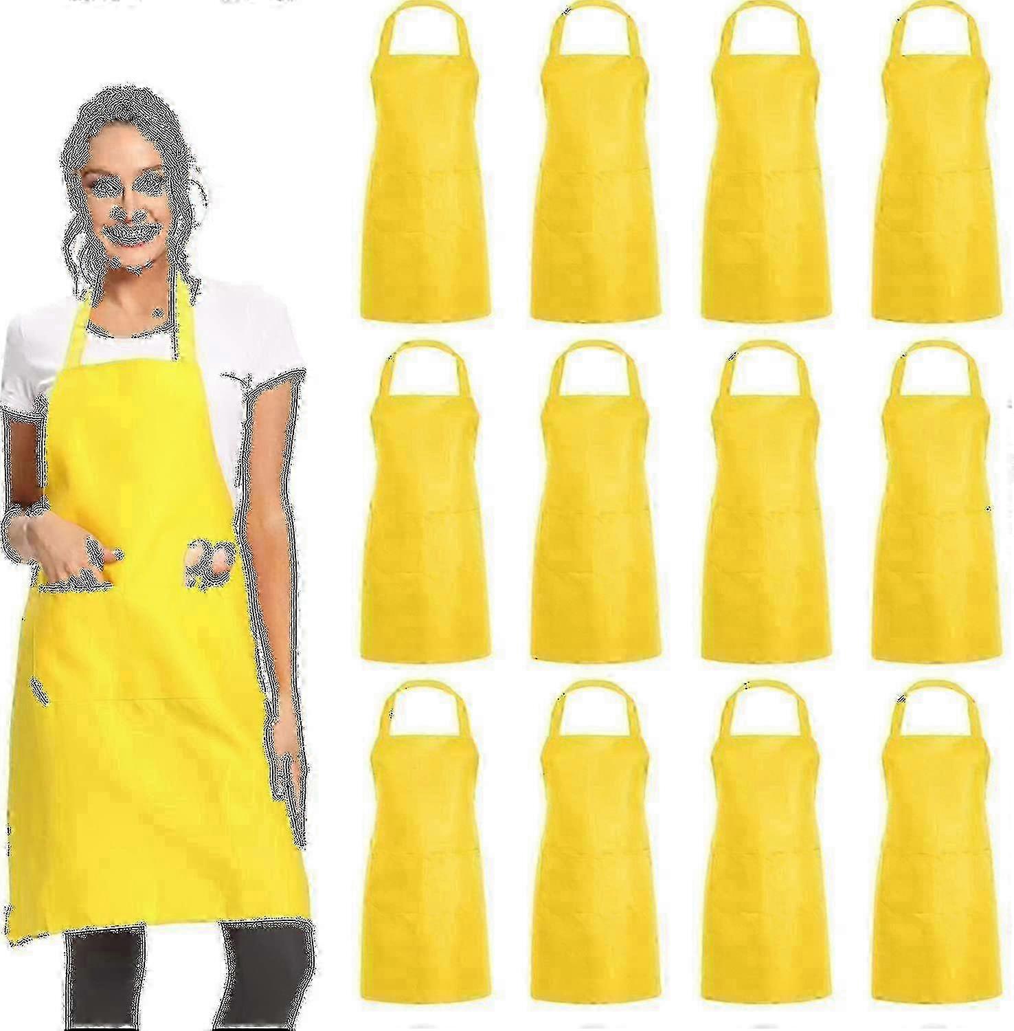 12 Pack Basic Bib Aprons with Two Pockets - Black Unisex Work Apron for Commercial Use in Bulk