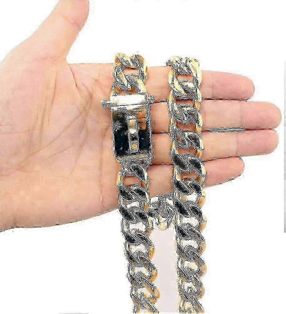 Gold Dog Chain Choke Collar,solid Cuban Link Strong, Heavy Duty Chew Resistant With Design Secure Buckle And Blank B Shape Id Tag_gift Of G