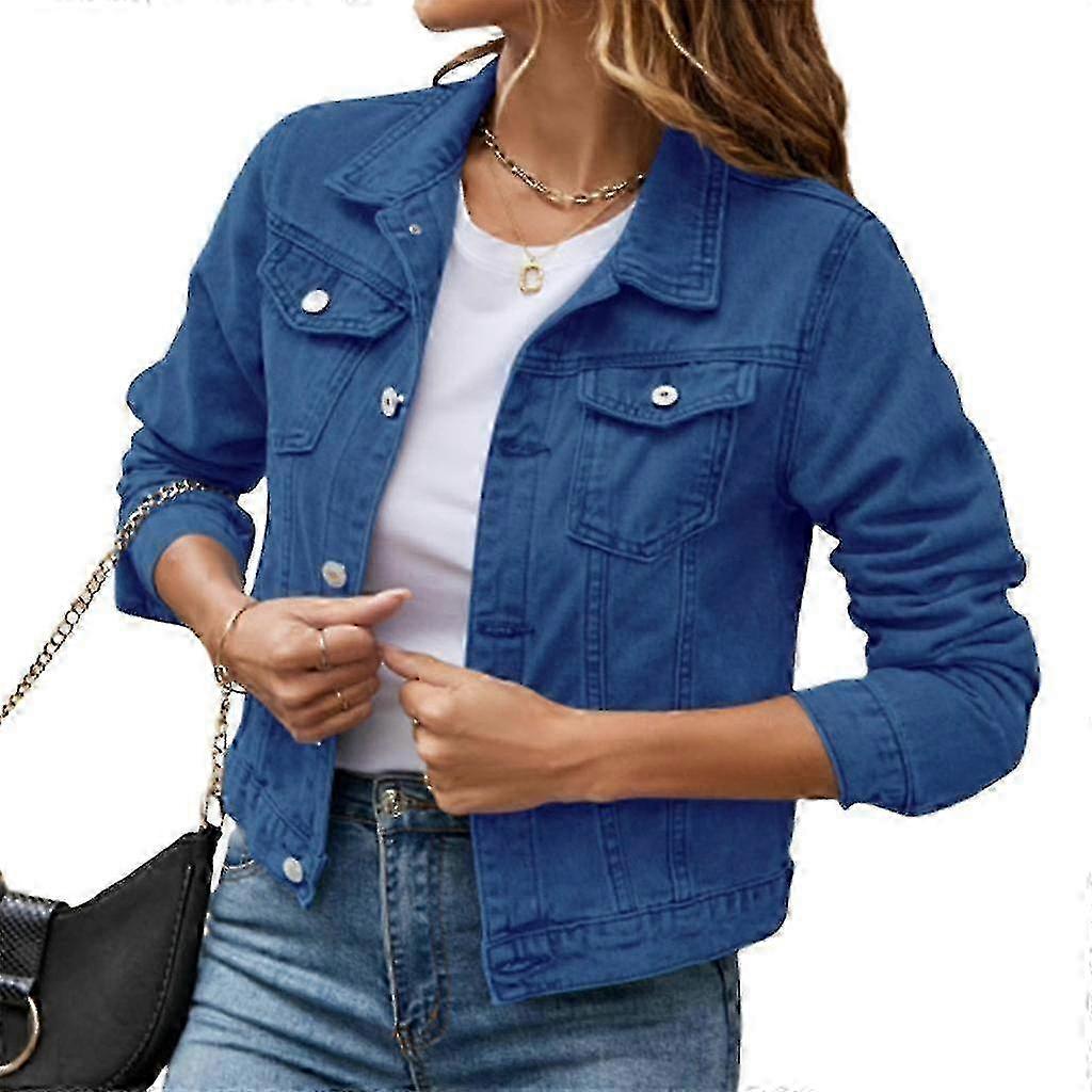Women's Cropped Denim Jacket with Pockets - Button Down Long Sleeve