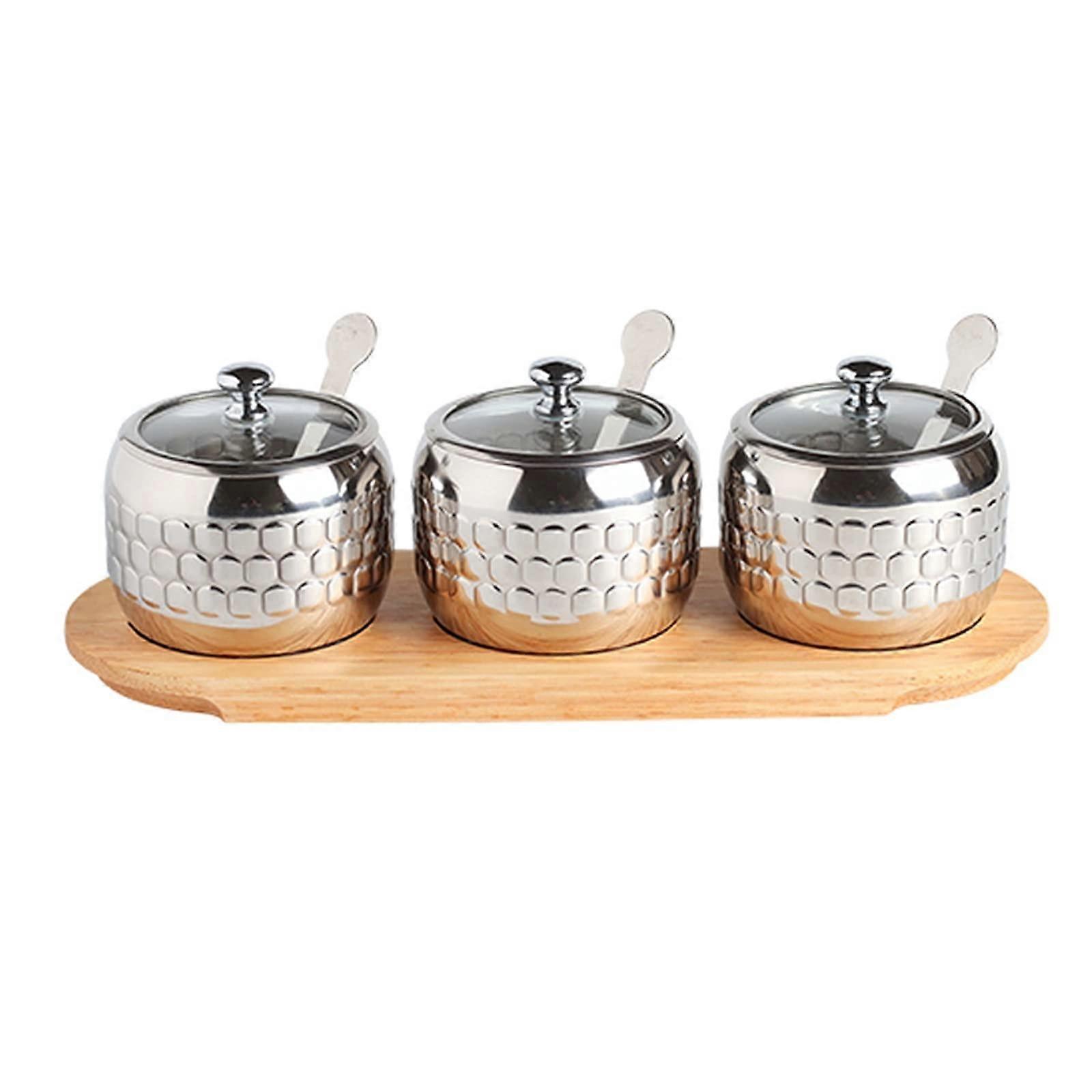 Stainless Steel Condiment Set with Spoons and Rack, Durable Spice Jars for Kitchen and Restaurant