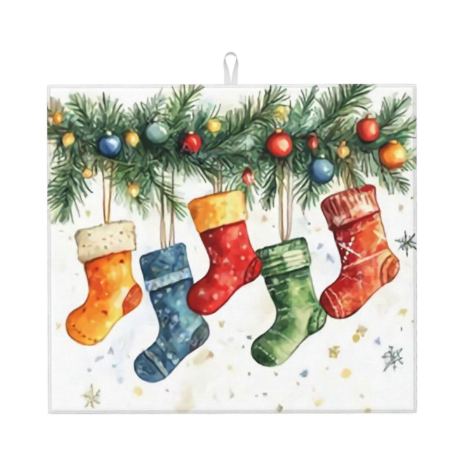 Merry Christmas Dish Drying Mat For Kitchen Counter, Microfiber Dish Mat, Fast Absorbent Draining Pad