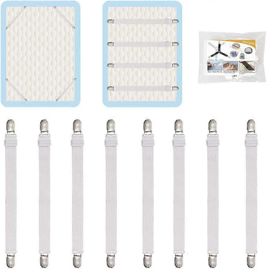 8Pcs Adjustable Bed Sheet Straps Clips with Durable Metal Grippers for Wrinkle Bedding, White