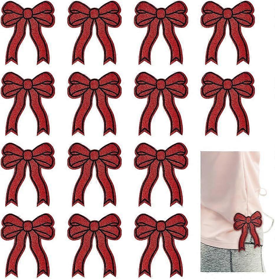 14 PCS Sweatshirt Side Patches Iron on/Sew On Red Bowknot Embroidered Applique Patches Polyester Hot Melt Tie Applique Decorative Bowknot Shape Embell