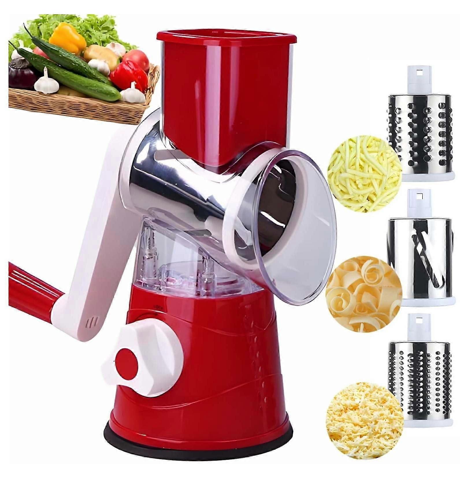 Rotary Cheese Grater and Vegetable Slicer 3 in 1 with Stainless Steel Blades and Strong Suction Base