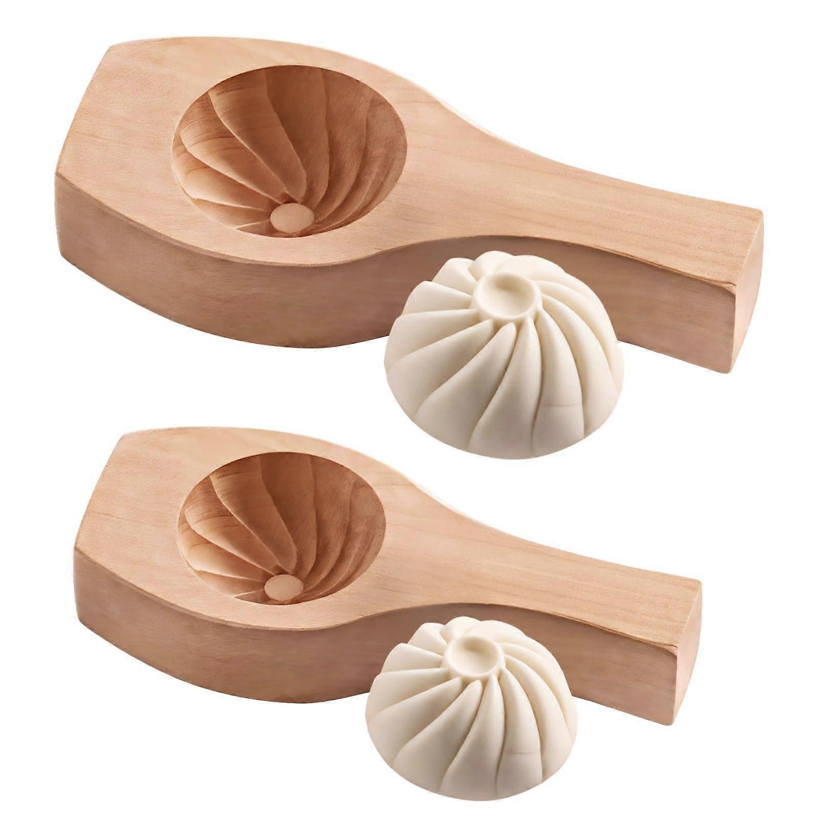 Wooden Baozi Mold Set 2pcs with Precision Spiral Groove and Dual Size Dumpling Press for Steamed Buns