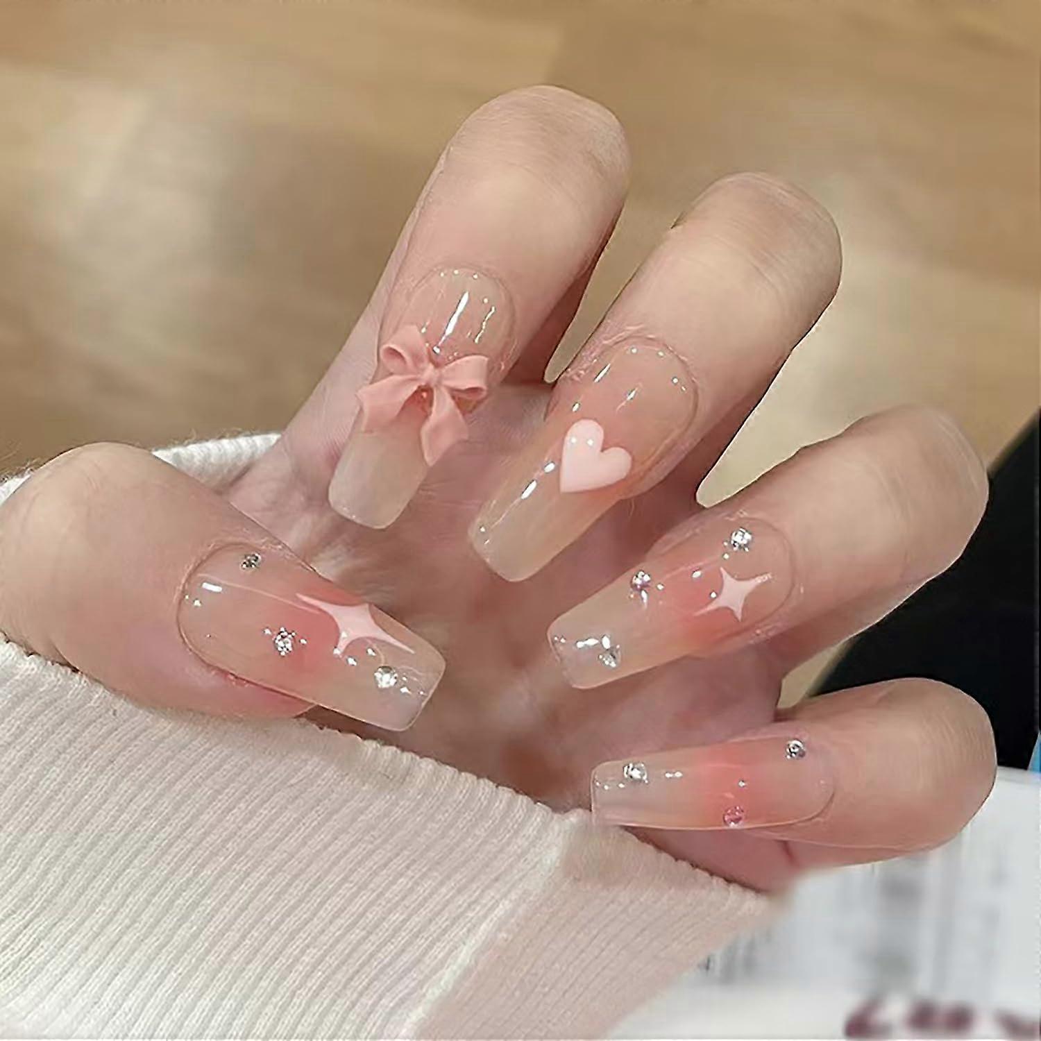 Pink Nude Gradient Press On Nails with Butterfly Bow Hearts, Medium Square Acrylic False Nails