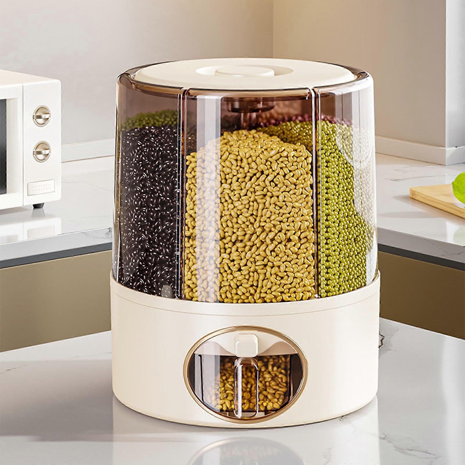 Rice Dispenser with Large Capacity 6 Grid 360° Rotating MoistureProof Cereal Storage Container