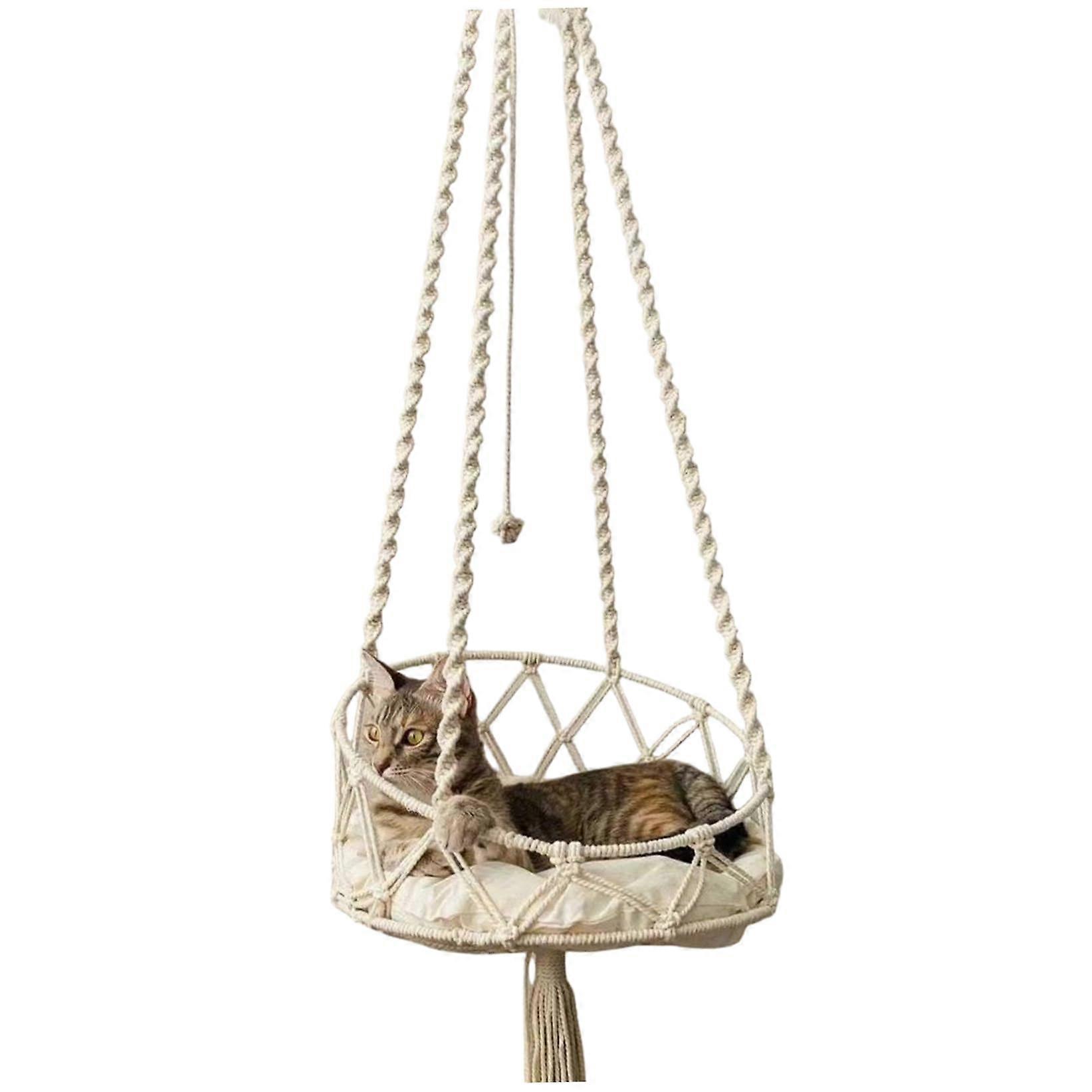 Cat Hammock Boho Macrame Hanging Cat Bed with Comfortable Cotton Mat 16 Inch Indoor Swing