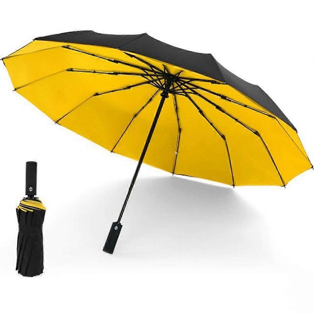 Windproof Travel Umbrella Automatic Open Close Compact Folding Design Yellow with Sleeve