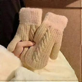 Women Fashion Knit Twist Flowers Mittens Winter Female Wool Plus Cashmere Velvet Thickening Warm Full Finger Gloves Guantes