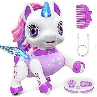 Oplaadbare RC eenhoornrobot voor meisjes met LED-vleugels, muziek, dansfunctie en kam voor het stylen van het haar.