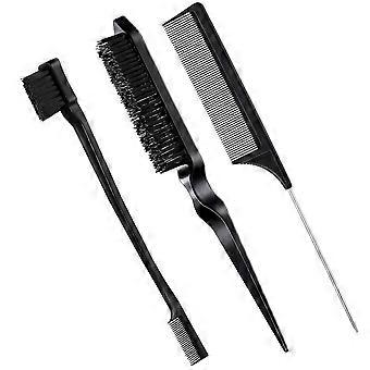 3 Pcs Slick Back Hair Brush Set Bristle Edge Control Teasing Comb for Women Black Hair(Black)