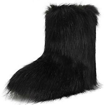 Women's Faux Fur Boots Furry Fluffy Round Toe Snow Boots Warm Lined Fuzzy Flat Comfy Winter Mid Calf Boots