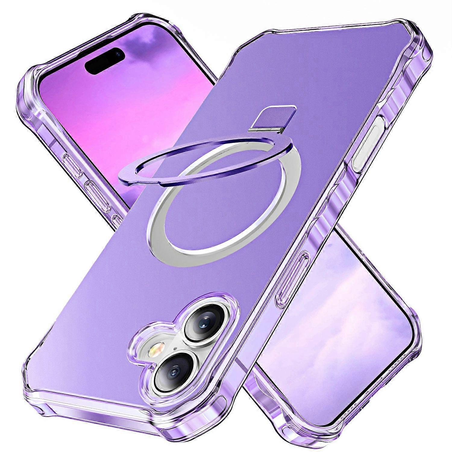 For Apple iPhone 16 Solid Color Wave Design MagSafe Ring Holder Case Purple