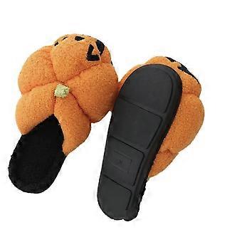 Halloween Pumpkin Cartoon Plush Slippers Warm Winter Shoes Cozy Fluffy Cotton Footwear Soft Indoor House Slipper with Funny Novelty Design for Home Be