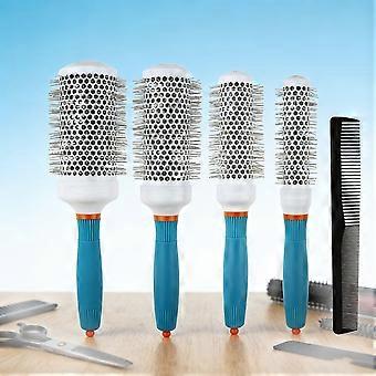 5-Piece Round Curling Brush Set, Blue and White Hair Brushes with Metal Honeycomb Bristles, Salon Styling Tool with Cleaning Claw