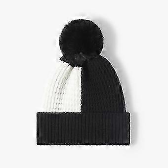 Dames herfst- en wintermuts met pompon, verdikt en fleecegevoerd, gebreide muts, modieuze kleurblok-outdoormuts