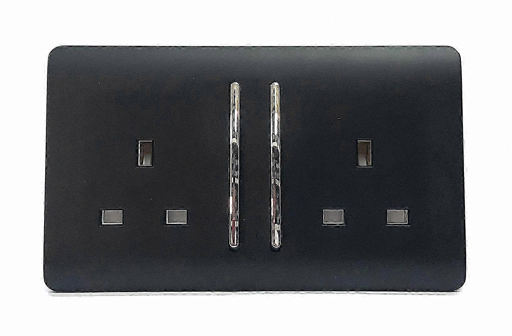 Screwless Design Matte Black Double Plug Socket, 13 Amp Standard with Chrome Switch