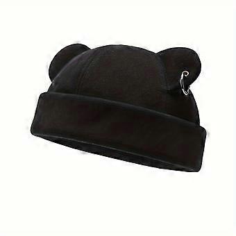 Animal Ear Beanie Hat, Adjustable Unisex Soft Breathable Cap for All Seasons, Black and White with Buckle Closure, Cartoon Winter Accessory