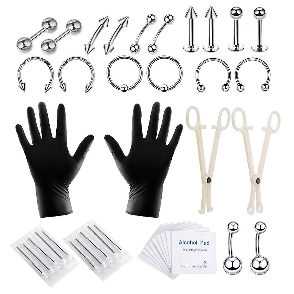 42 Piece Professional Body Piercing Kit  Silver-1.2x6+3