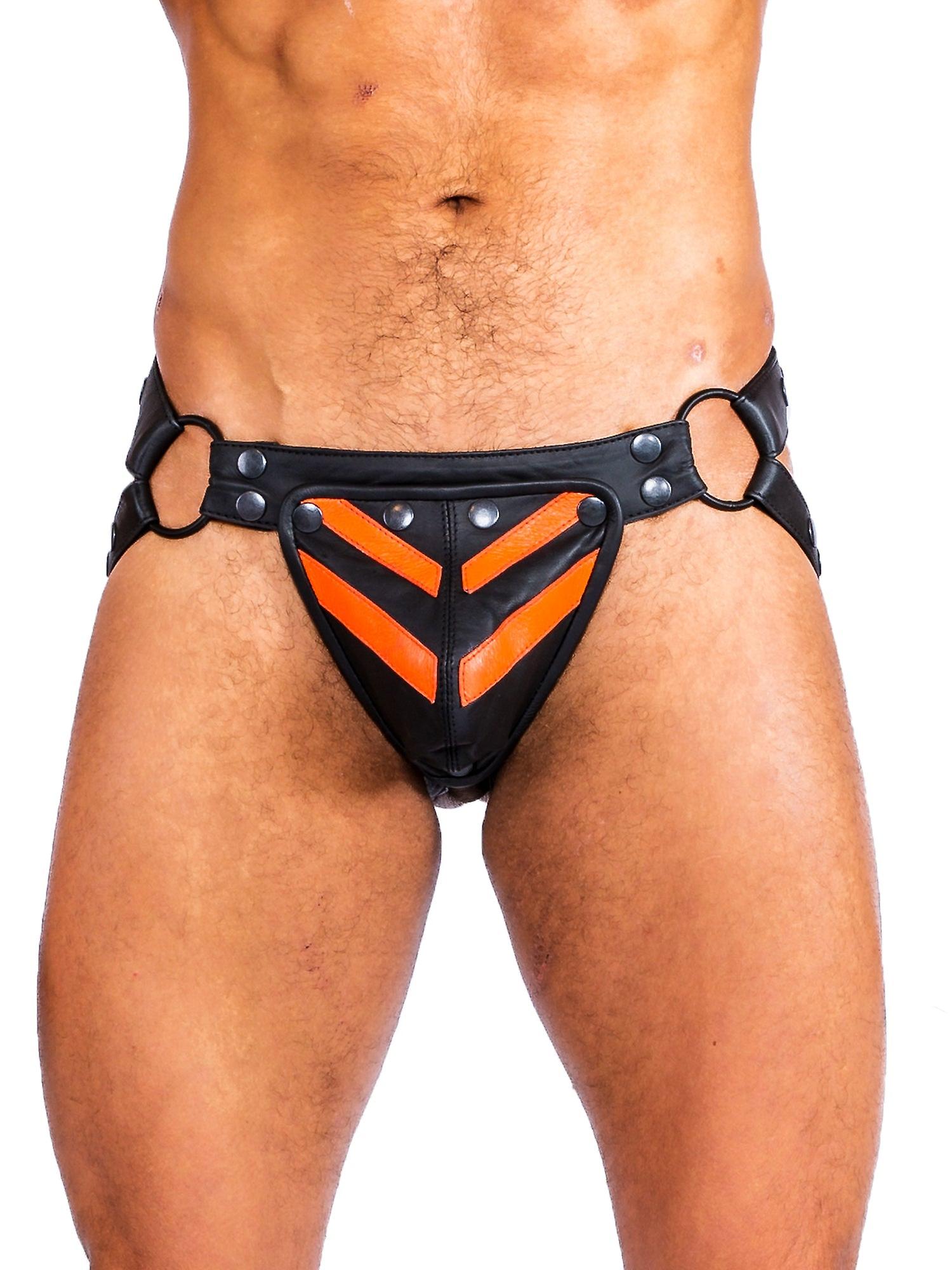 Mens Leather Stripe Jock Strap In Black