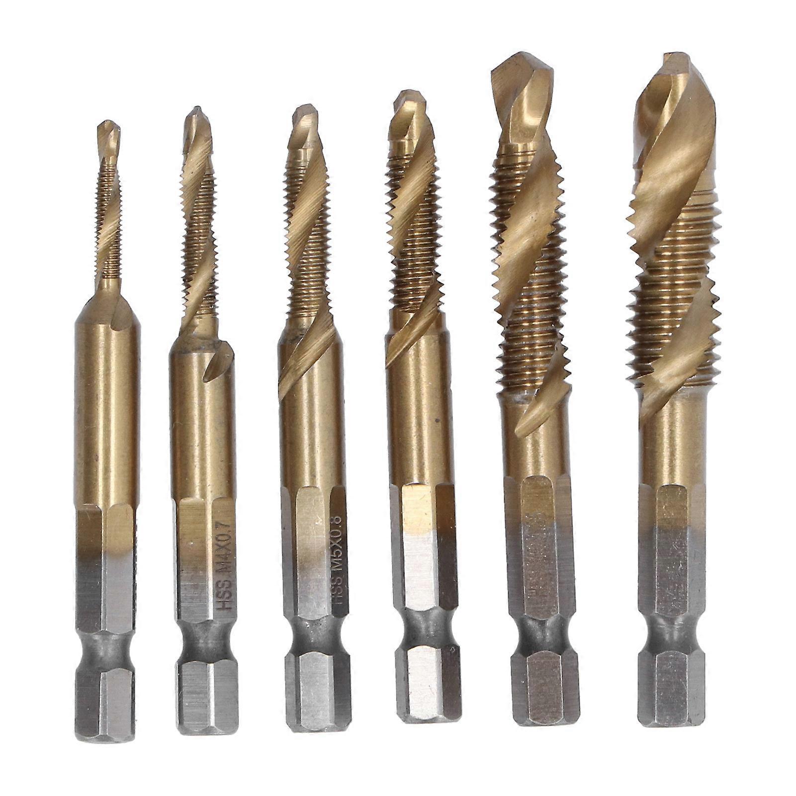 6Pcs Combination Drill Tap Bit 1/4in Hex Shank Spiral Tapping Chamfering Drilling Bits M3?M10