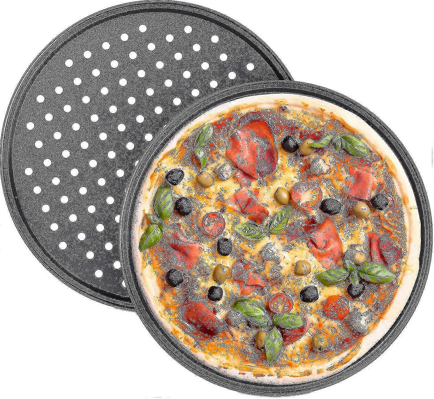 Perforated Pizza Pan, 2 Pack Carbon Steel Perforated Nonstick Tray Tool Crisp Round Home Kitchen
