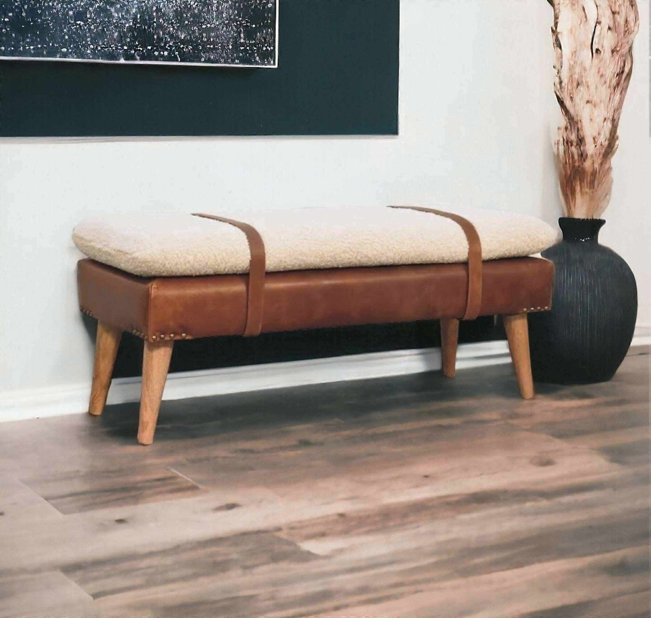 Boucle Cream And Leather Bench